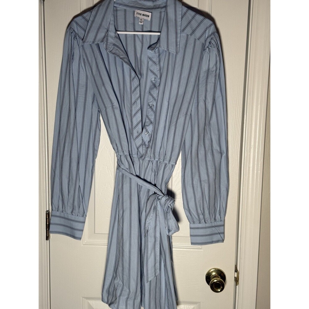 Steve Madden XL Blue Pinstripe Long Sleeve Shirt Dress Tie Waist Mini Collared